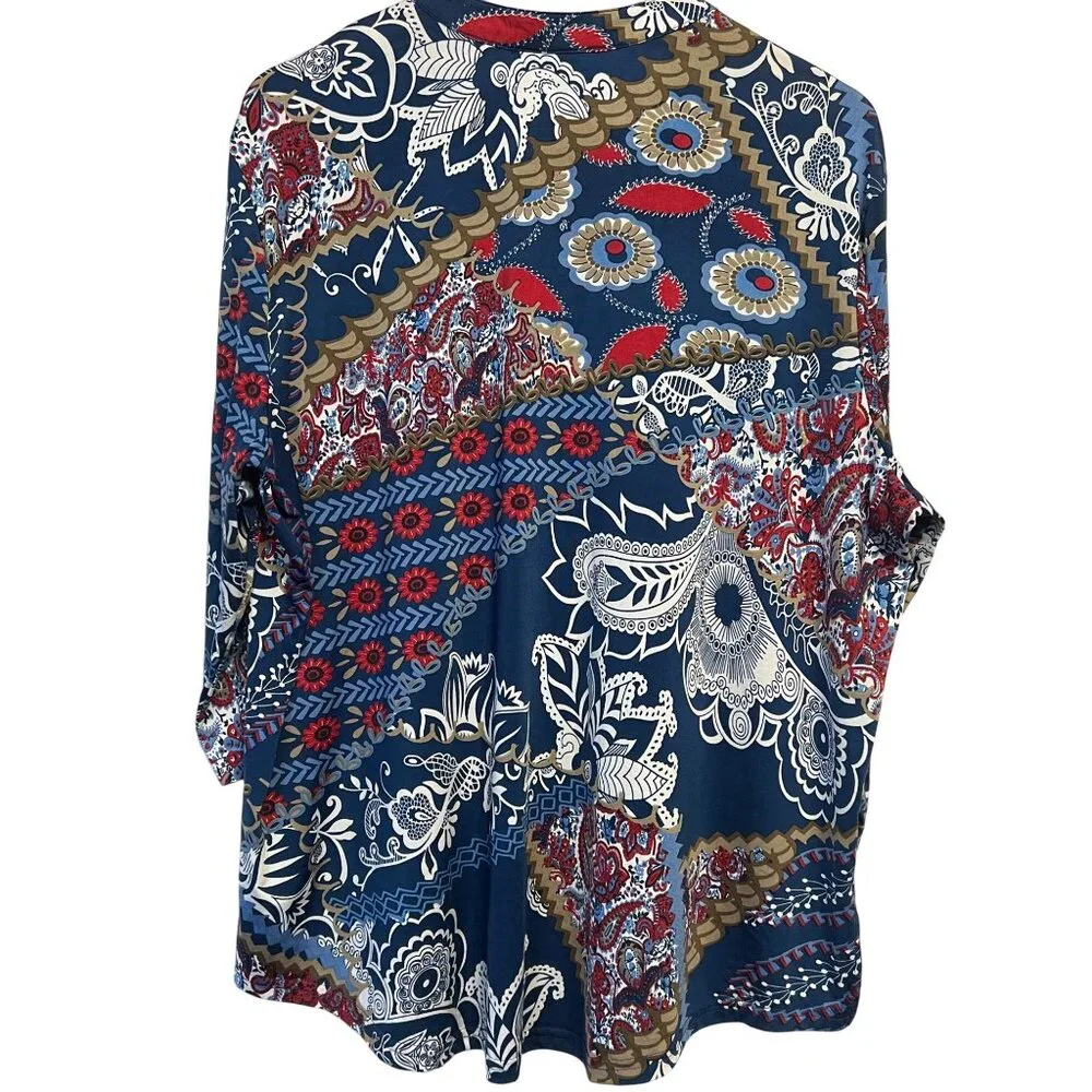 N Touch Women’s 1X Multicolor Floral Boho Tunic Top Button Details Blue Red - Picture 2 of 15